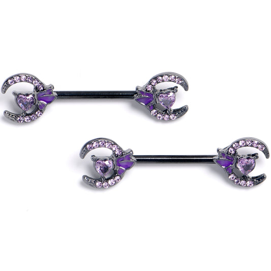 14G 9/16 Purple Gem Black Butterfly Heart Moon Nipple Ring Set