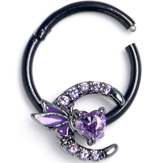 16G 3/8 Purple Gem Black Butterfly Heart Moon Hinged Segment Ring