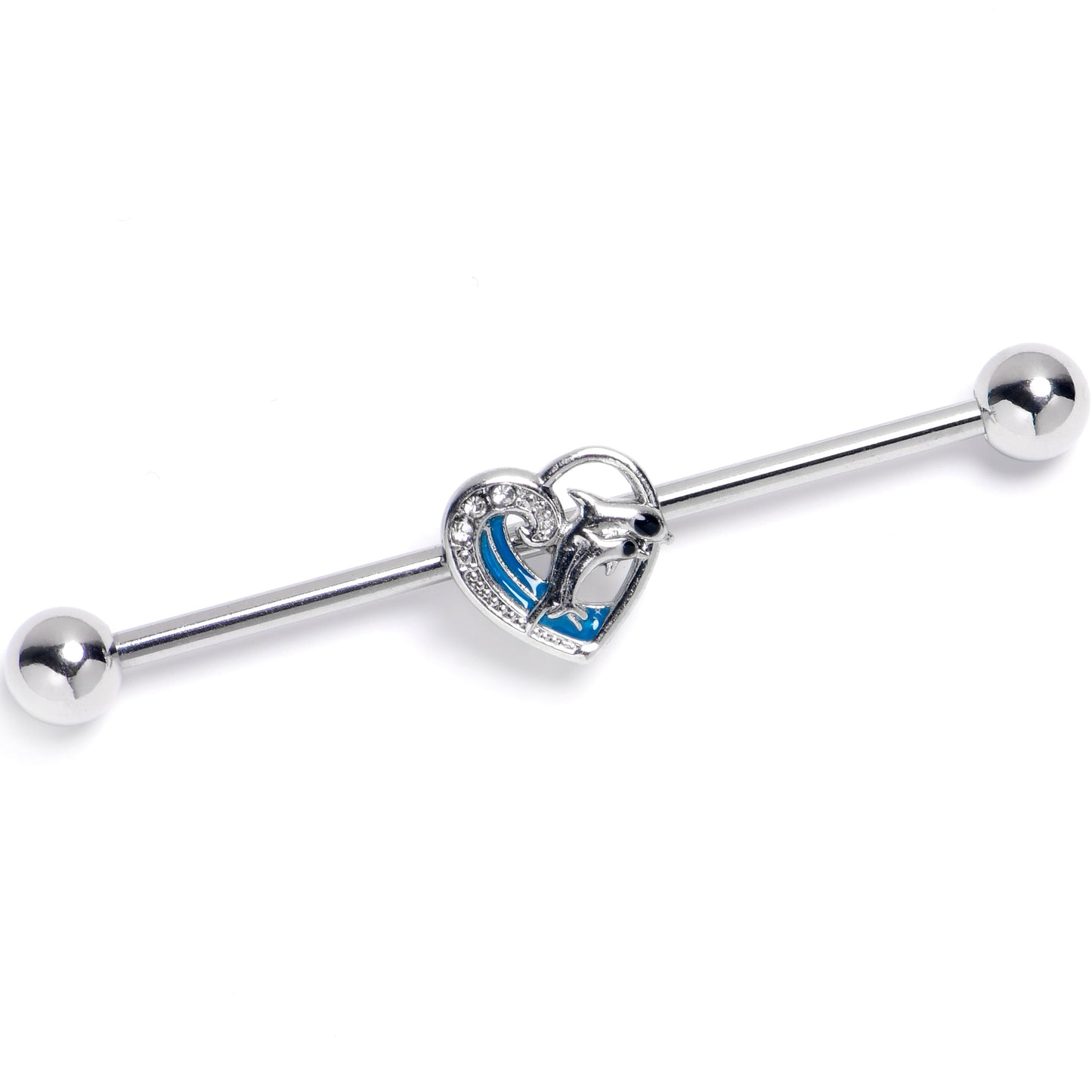 14G Clear Gem Dolphin Heart Delight Industrial Barbell 38mm