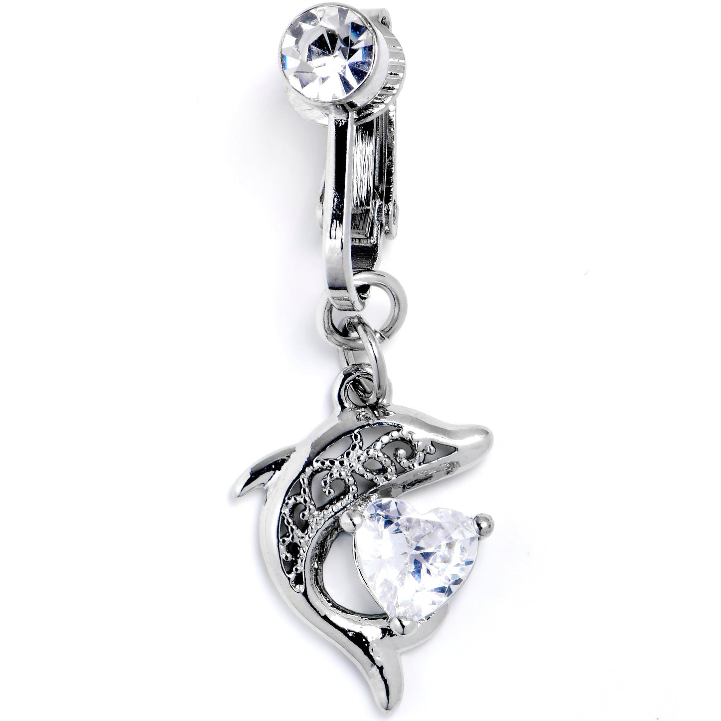 Clear CZ Gem Dolphin Glam Dangle Clip on Fake Belly Ring