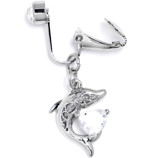 Clear CZ Gem Dolphin Glam Dangle Clip on Fake Belly Ring