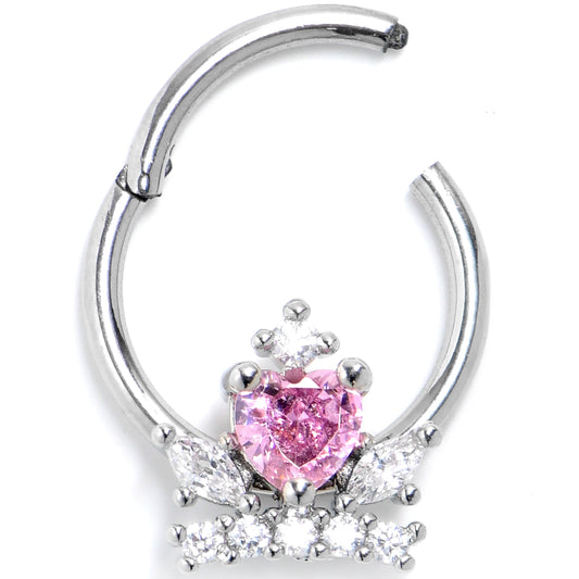16G 3/8 Pink Clear CZ Gem Crown Heart Hinged Segment Ring