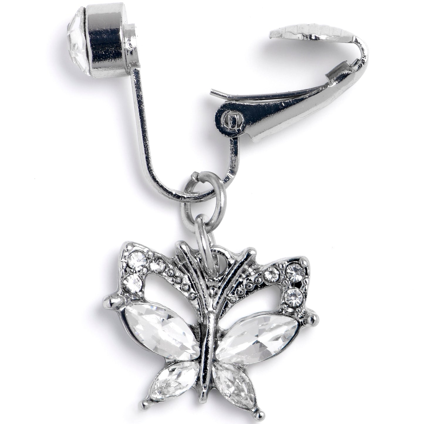 Clear CZ Gem Butterfly Bling Dangle Clip on Fake Belly Ring