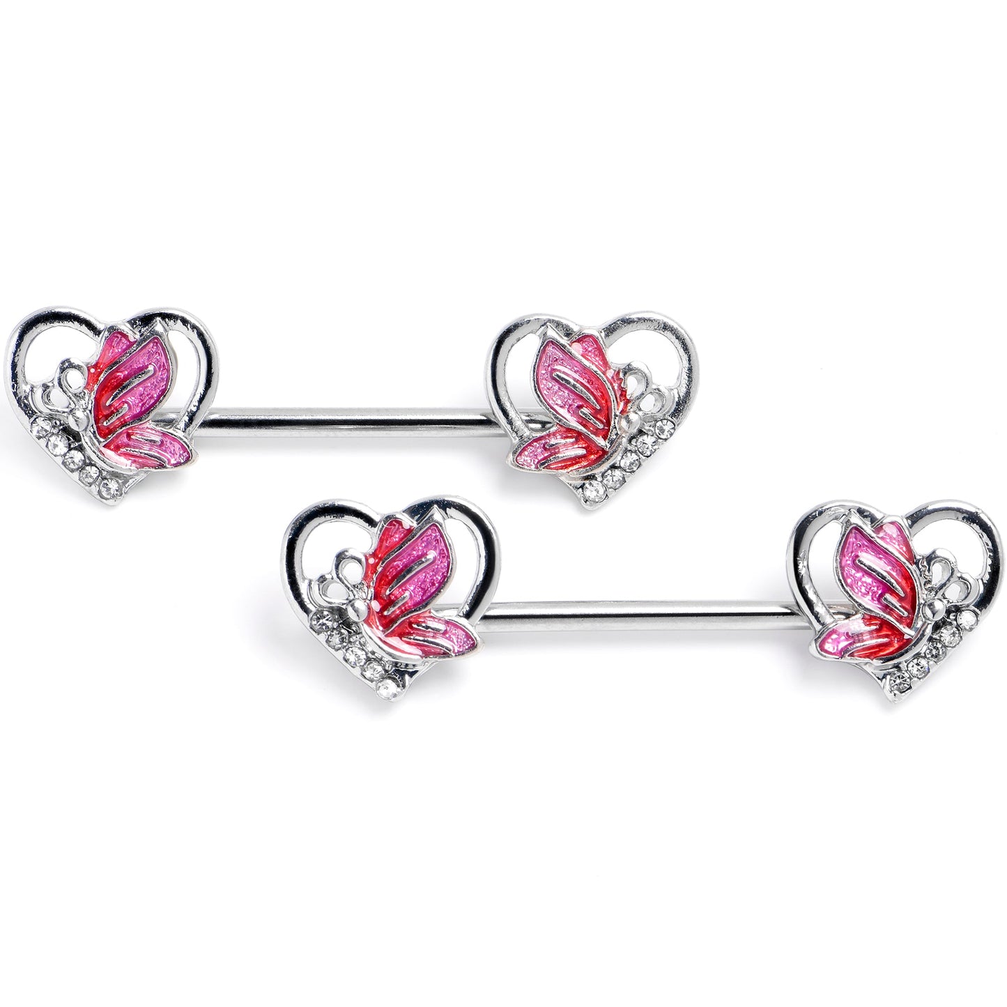 14G 9/16 Clear Gem Butterfly Love Heart Pink Barbell Nipple Ring Set