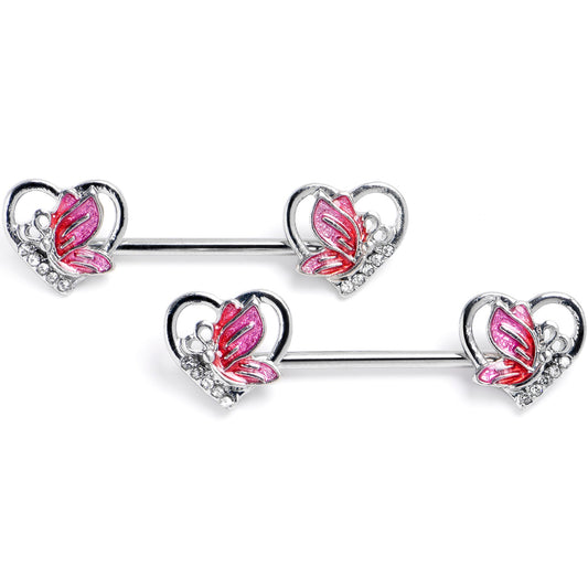 14G 9/16 Clear Gem Butterfly Love Heart Pink Barbell Nipple Ring Set