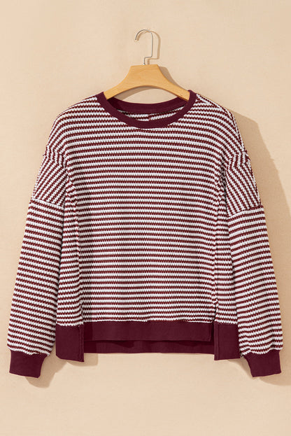 Stripe Ribbed Trim Drop Shoulder Top