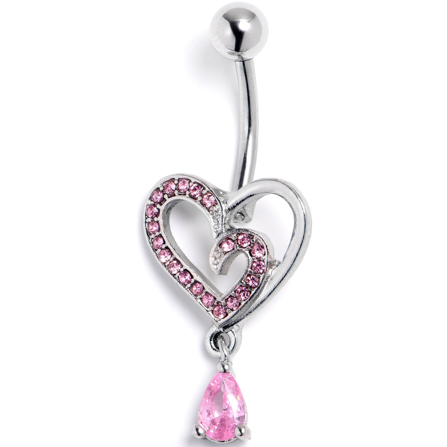 Pink CZ Gem Asymmetrical Heart Dangle Belly Ring