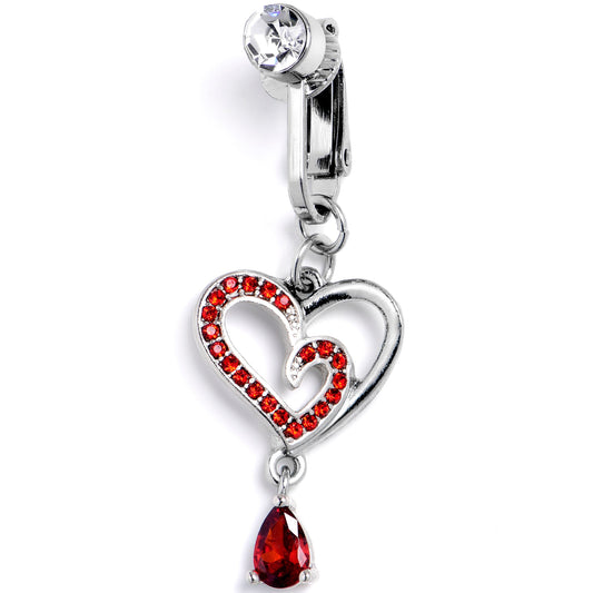 Red CZ Gem Asymmetrical Heart Dangle Clip On Fake Belly Ring