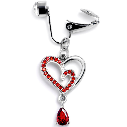 Red CZ Gem Asymmetrical Heart Dangle Clip On Fake Belly Ring