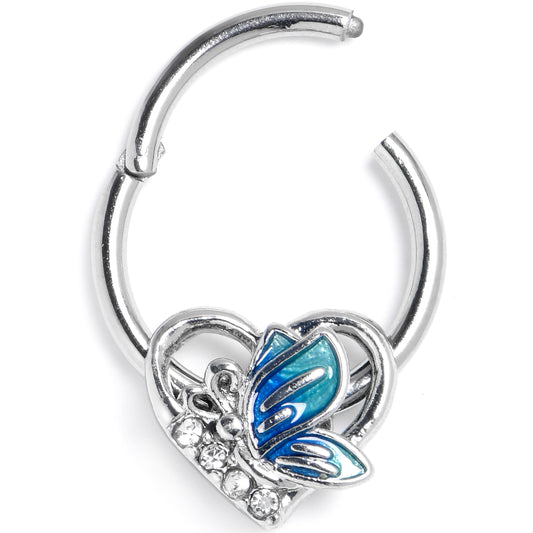 16G 3/8 Clear Gem Butterfly Love Heart Blue Hinged Segment Ring