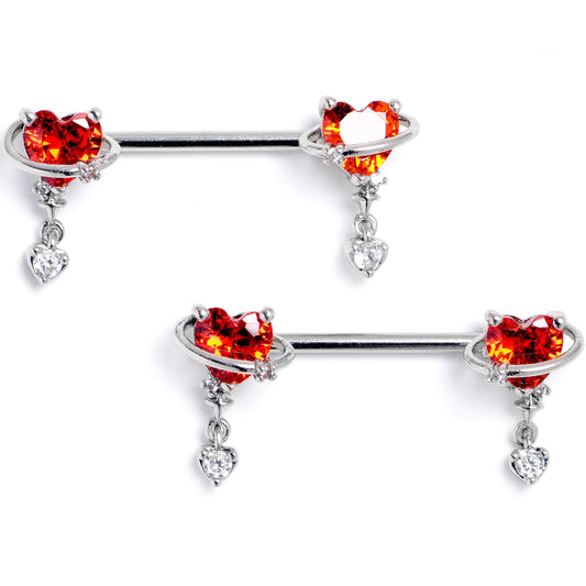 14G 9/16 Red Gem Saturn Heart Dangle Nipple Ring Set