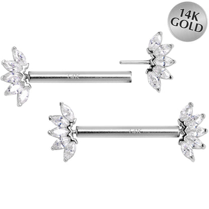 14G 9/16 Solid 14k White Gold CZ Floral Push In Threadless Nipple Ring Set