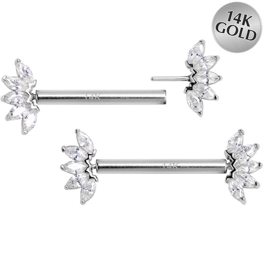14G 9/16 Solid 14k White Gold CZ Floral Push In Threadless Nipple Ring Set
