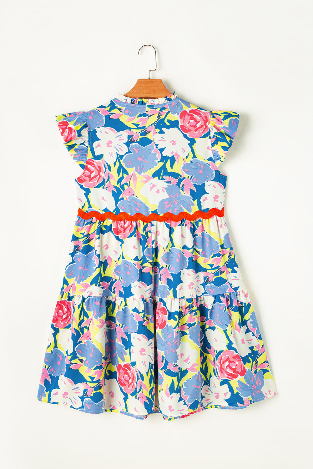 Floral V-Notch Ric-Rac Flutter Sleeve Dress