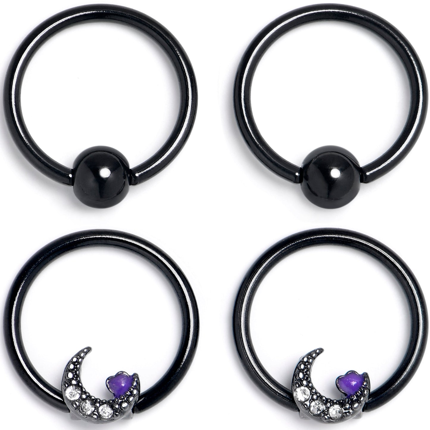 16G 3/8 Clear Gem Black Moon Heart BCR Captive Ring Set of 4