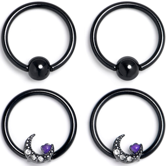 16G 3/8 Clear Gem Black Moon Heart BCR Captive Ring Set of 4