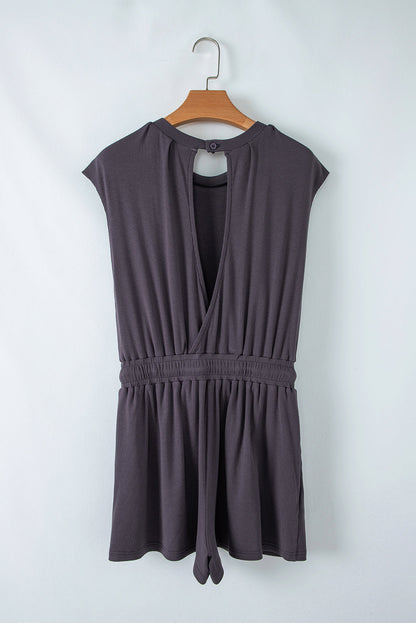 Knit Open Back Cap Sleeve Drawstring Romper