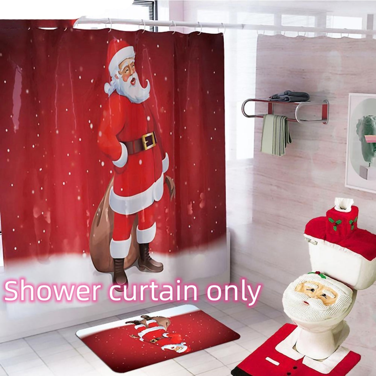 Christmas Santa Bathroom Curtain Toilet Seat Decor