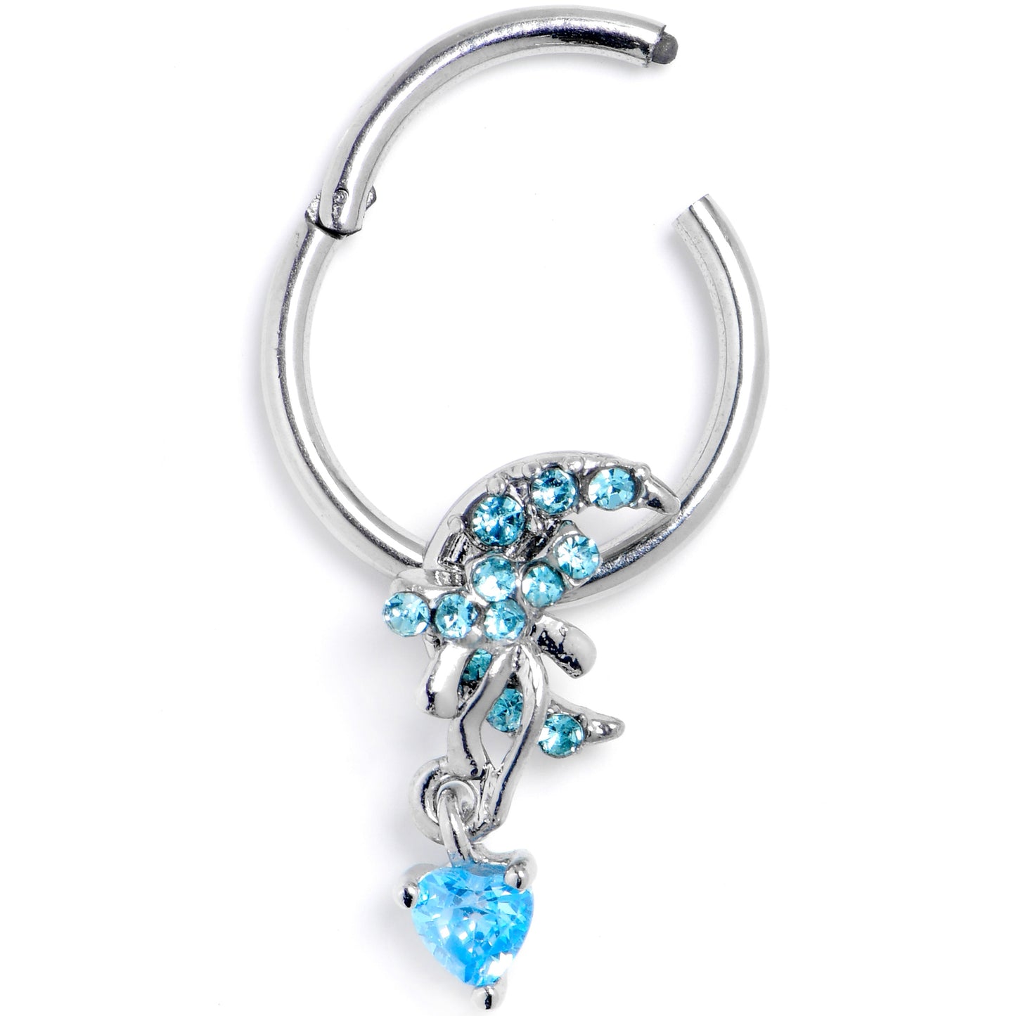 16G 3/8 Blue Gem Moon Bow Heart Dangle Hinged Segment Ring