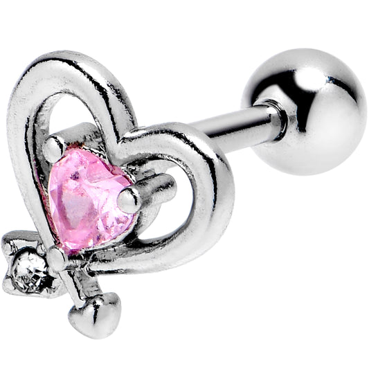 16G 1/4 Pink CZ Gem Wrapped In Heart Cartilage Tragus Earring