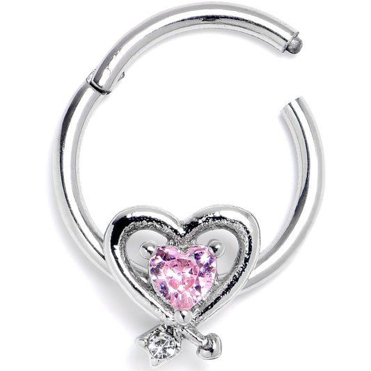 16G 3/8 Pink CZ Gem Wrapped In Heart Hinged Segment Ring