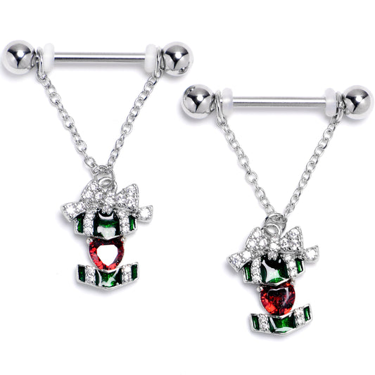 14G 9/16 Red Green Gem Holiday Abstract Heart Dangle Nipple Ring Set