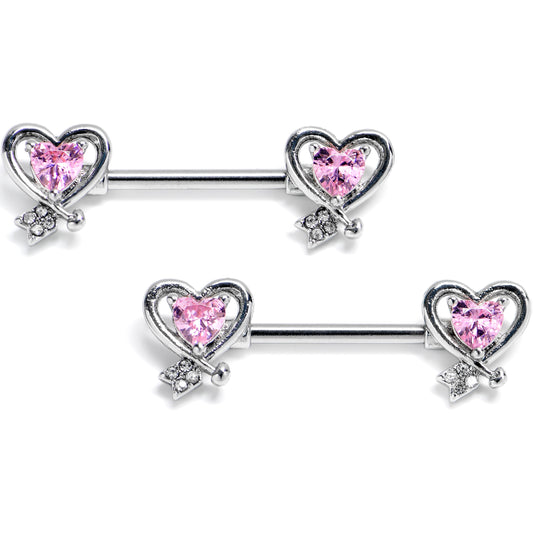 14G 9/16 Pink CZ Gem Wrapped In Heart Barbell Nipple Ring Set
