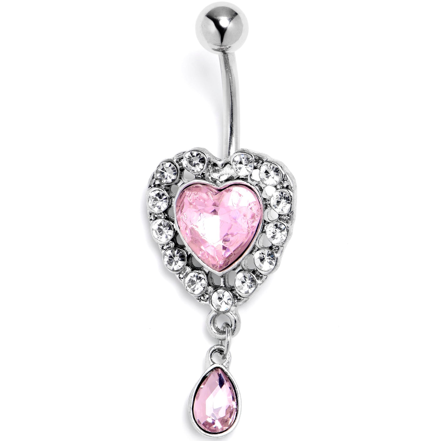 Pink Clear Gem Double Heart Drama Dangle Belly Ring