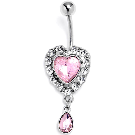Pink Clear Gem Double Heart Drama Dangle Belly Ring