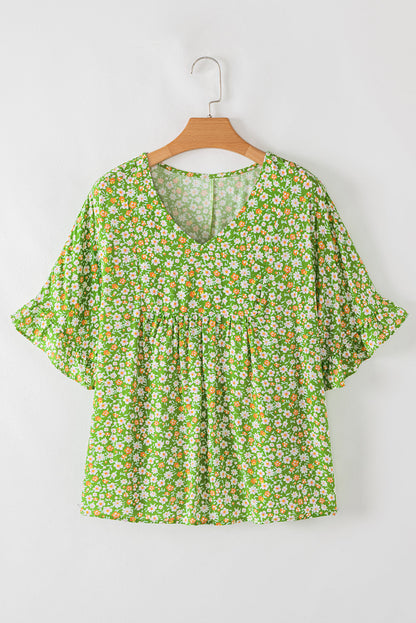 Floral Ruffle Sleeve V-Neck Blouse