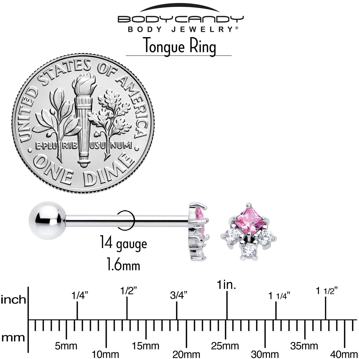 Pink Clear CZ Gem Rhombus Riot Barbell Tongue Ring
