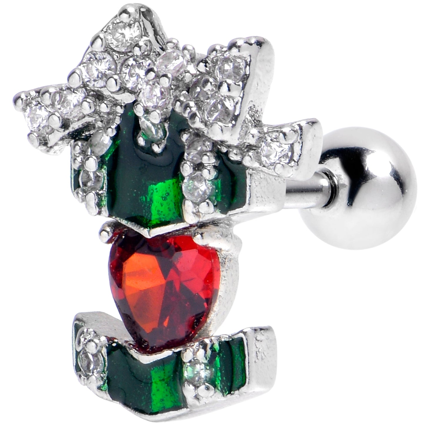 16G 1/4 Green Red Gem Holiday Abstract Heart Cartilage Earring