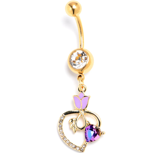 Purple Clear Gem Gold Tone Tulip Heart Flower Dangle Belly Ring