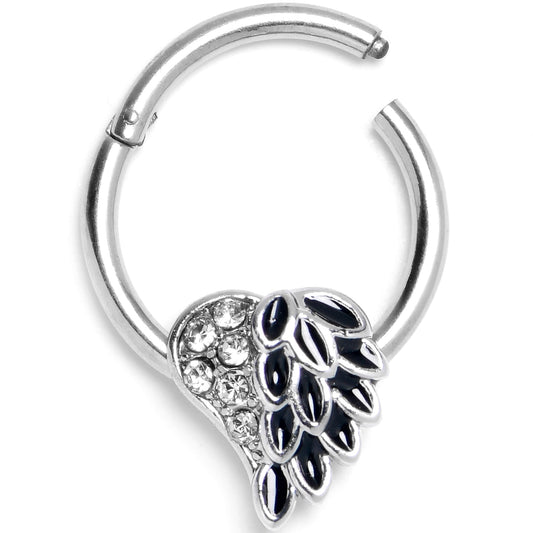 16G 3/8 Black Heavenly Heart Angel Wings Hinged Segment Ring