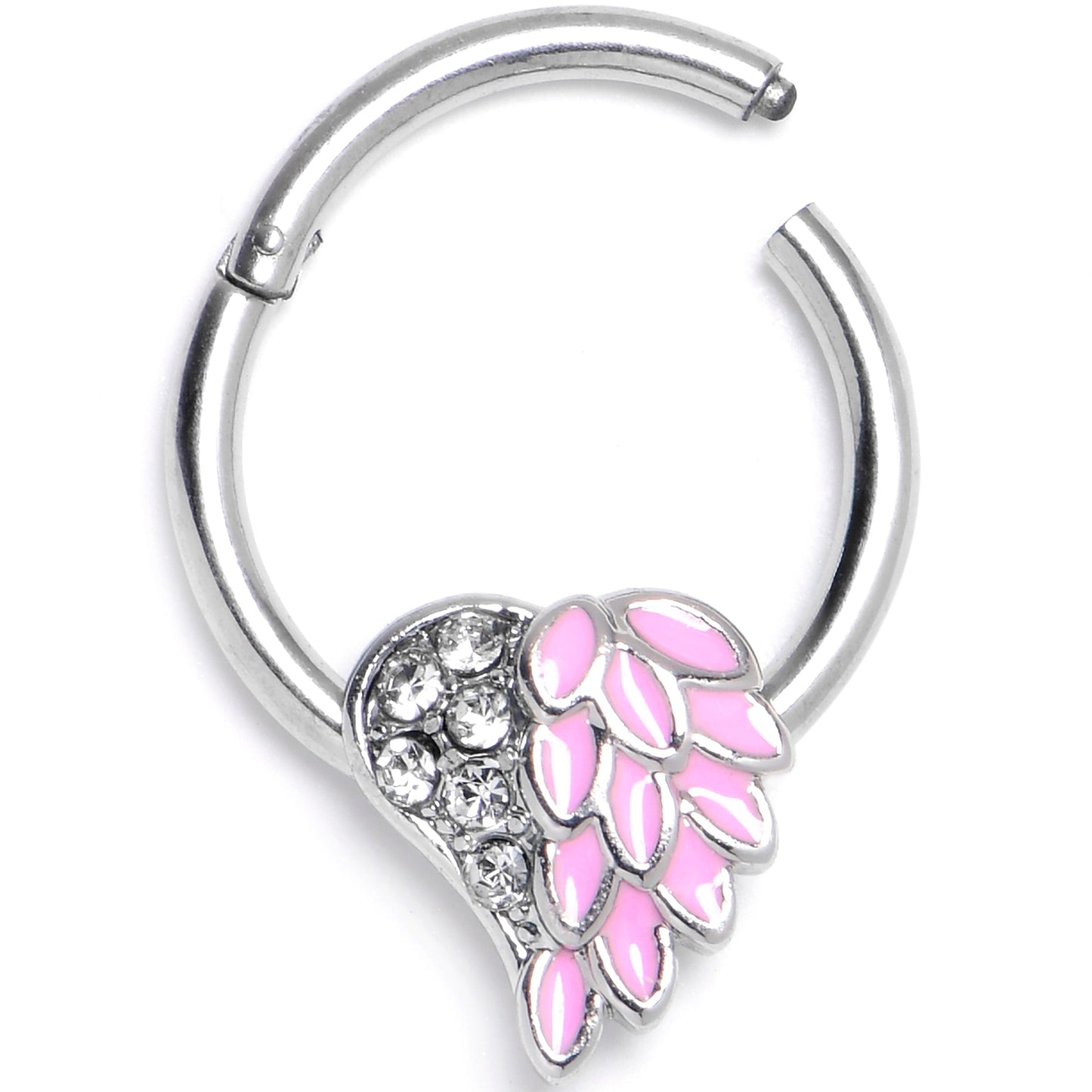 16G 3/8 Pink Heavenly Heart Angel Wings Hinged Segment Ring