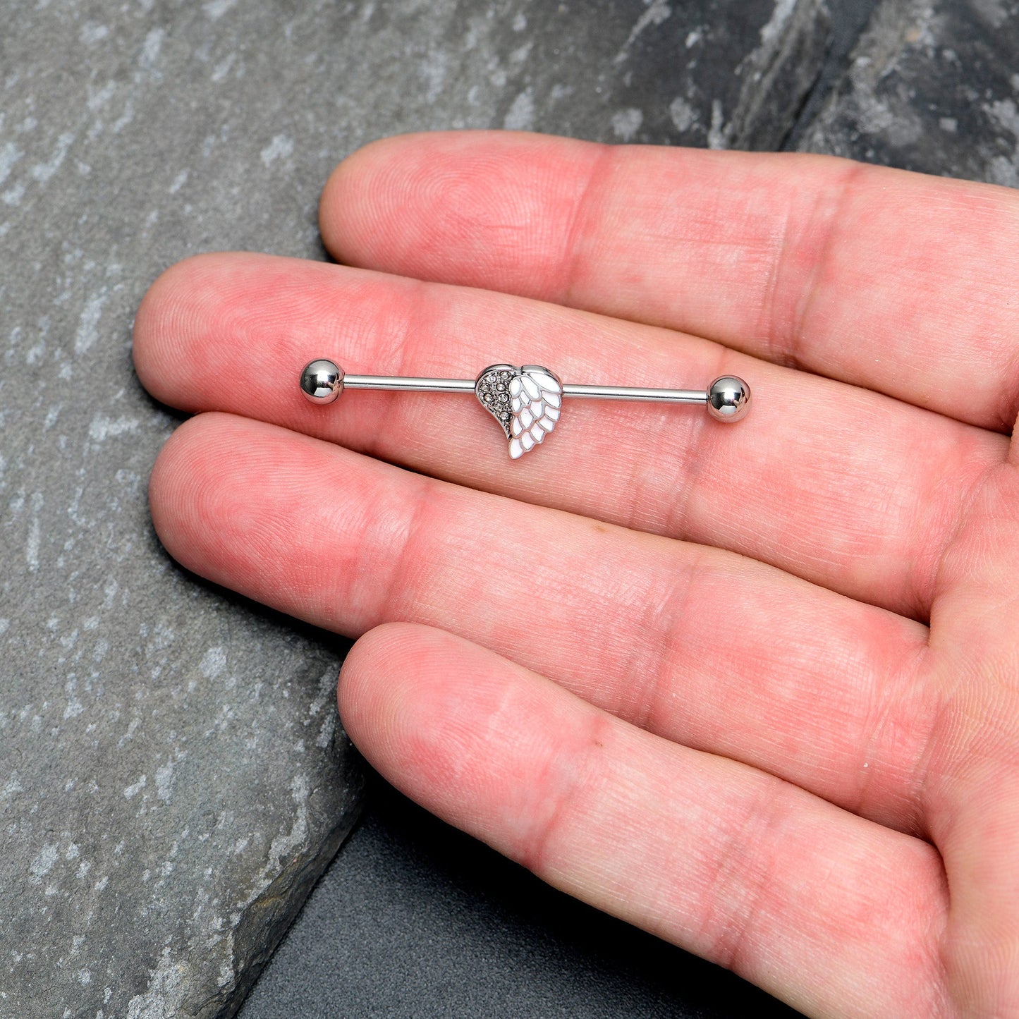 14G White Heavenly Heart Angel Wings Industrial Barbell 38mm
