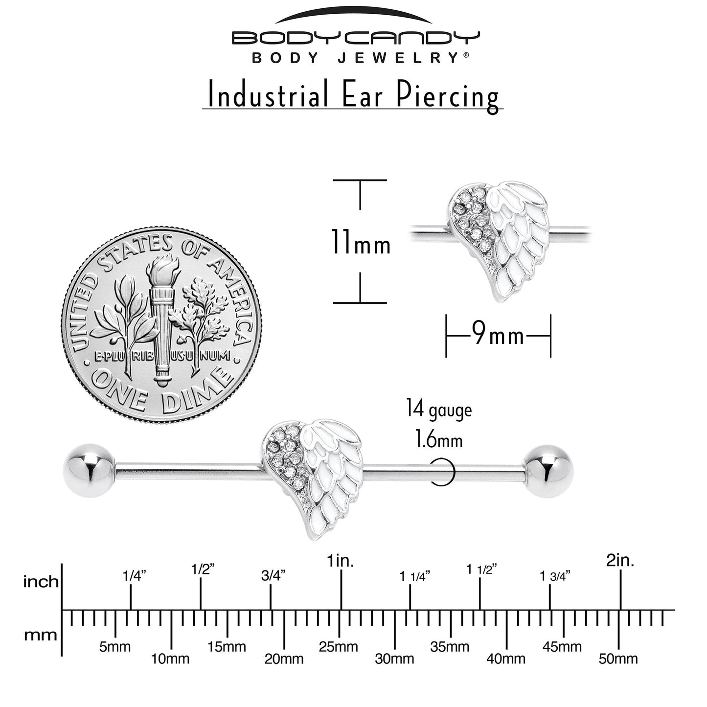 14G White Heavenly Heart Angel Wings Industrial Barbell 38mm