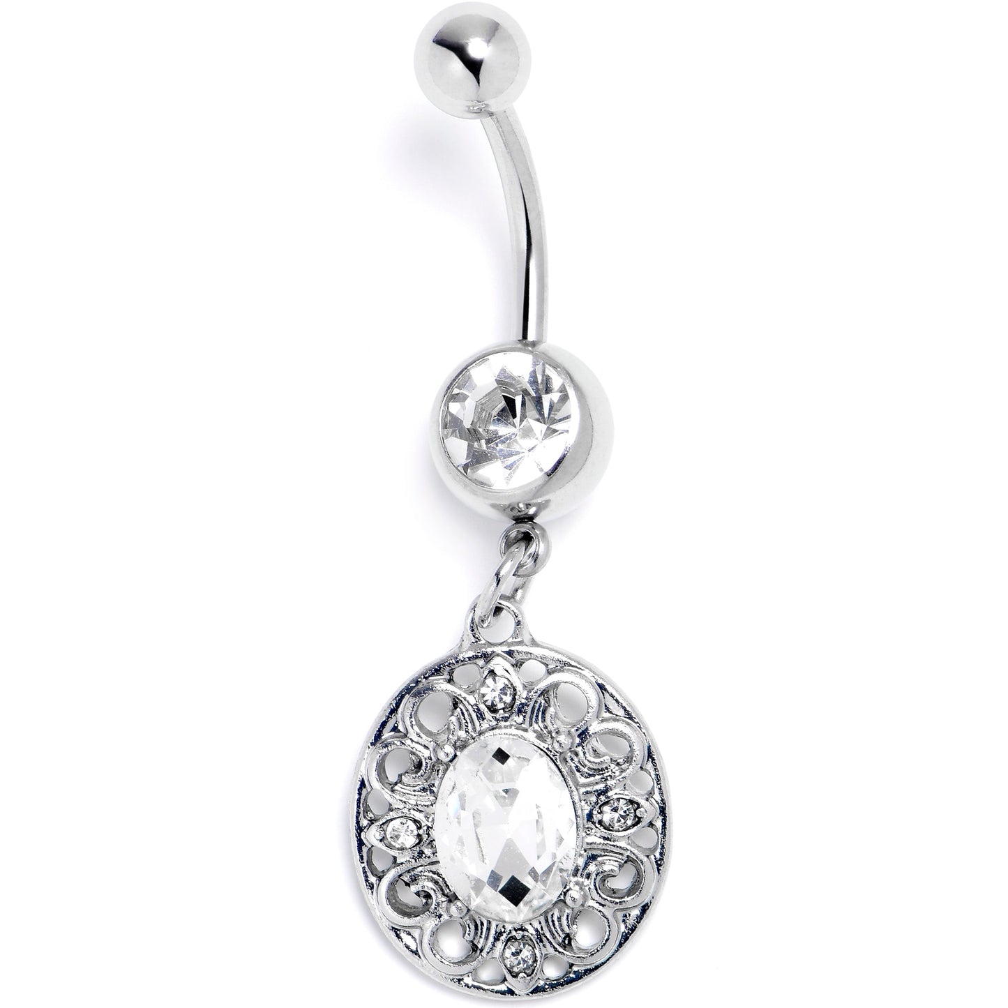 Clear Gem Flower Oval Elegance Dangle Belly Ring
