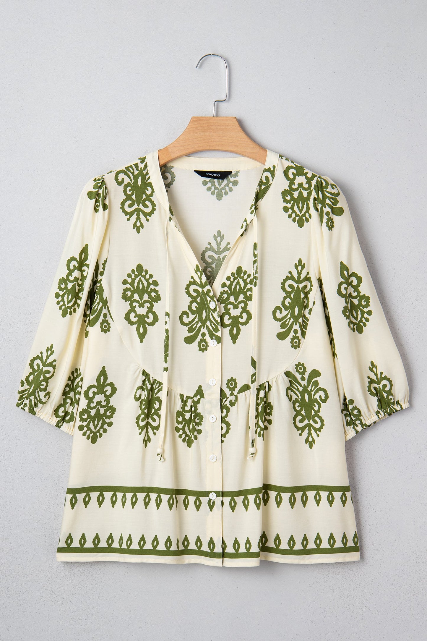 Tie V-Neck Puffy Half Sleeve Shirt