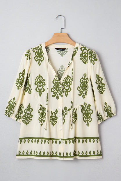 Tie V-Neck Puffy Half Sleeve Shirt