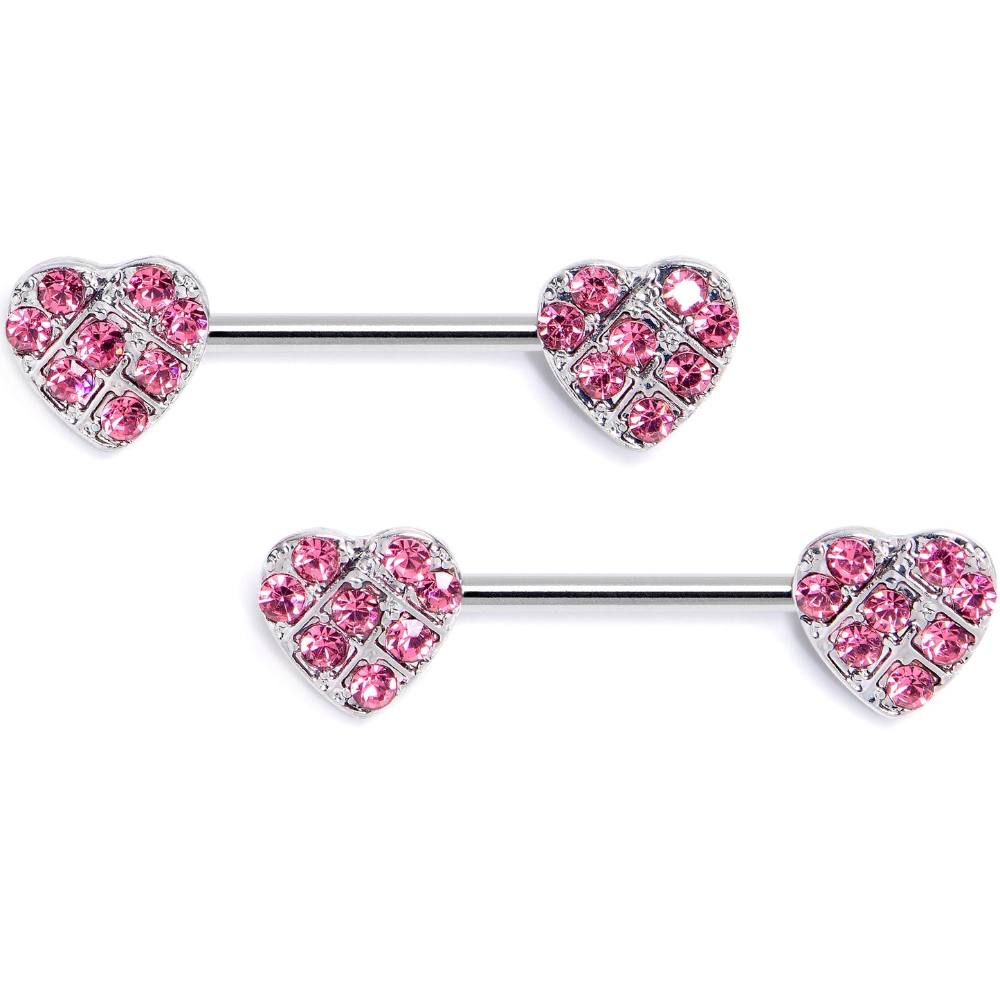 14G 9/16 Pink Gem Lattice Heart Barbell Nipple Ring Set