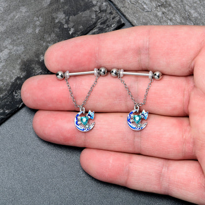 14G 9/16 Blue Gem Butterfly Love Heart Dangle Nipple Ring Set