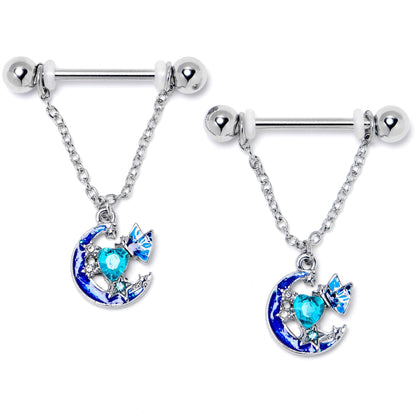 14G 9/16 Blue Gem Butterfly Love Heart Dangle Nipple Ring Set