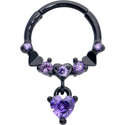 16G 3/8 Purple CZ Gem Black Love Heart Dangle Hinged Segment Ring