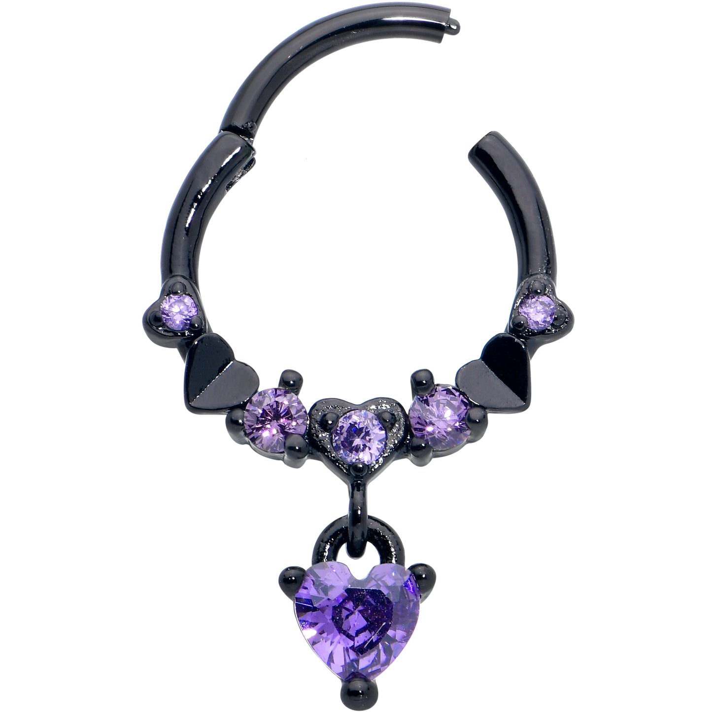 16G 3/8 Purple CZ Gem Black Love Heart Dangle Hinged Segment Ring