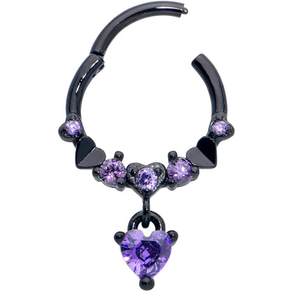 16G 3/8 Purple CZ Gem Black Love Heart Dangle Hinged Segment Ring