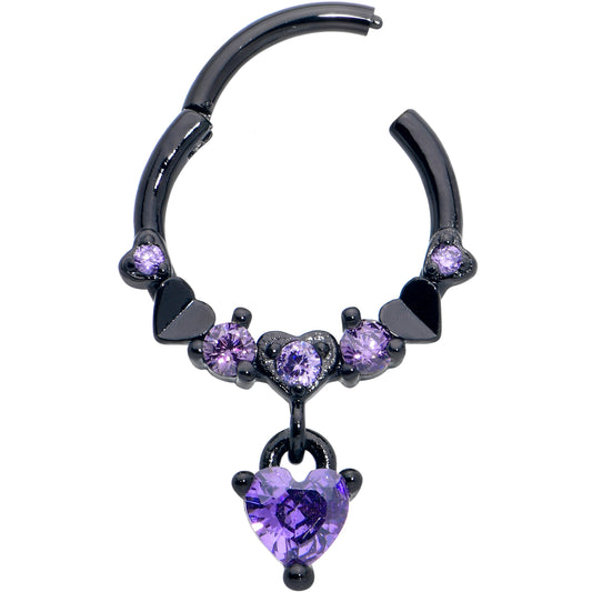 16G 3/8 Purple CZ Gem Black Love Heart Dangle Hinged Segment Ring