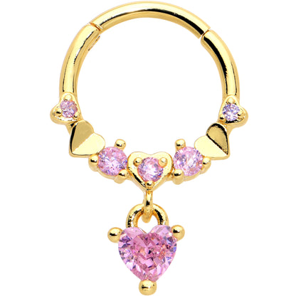16G 3/8 Pink CZ Gem Gold Tone Love Heart Dangle Hinged Segment Ring