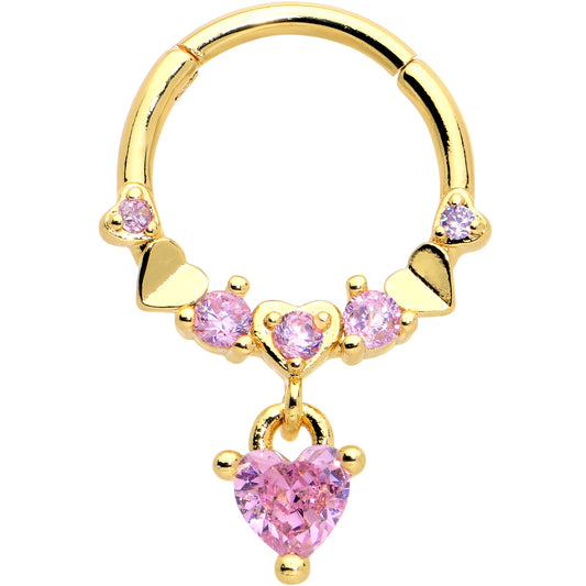 16G 3/8 Pink CZ Gem Gold Tone Love Heart Dangle Hinged Segment Ring