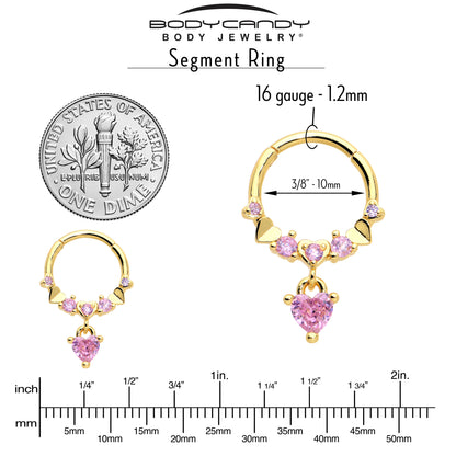 16G 3/8 Pink CZ Gem Gold Tone Love Heart Dangle Hinged Segment Ring